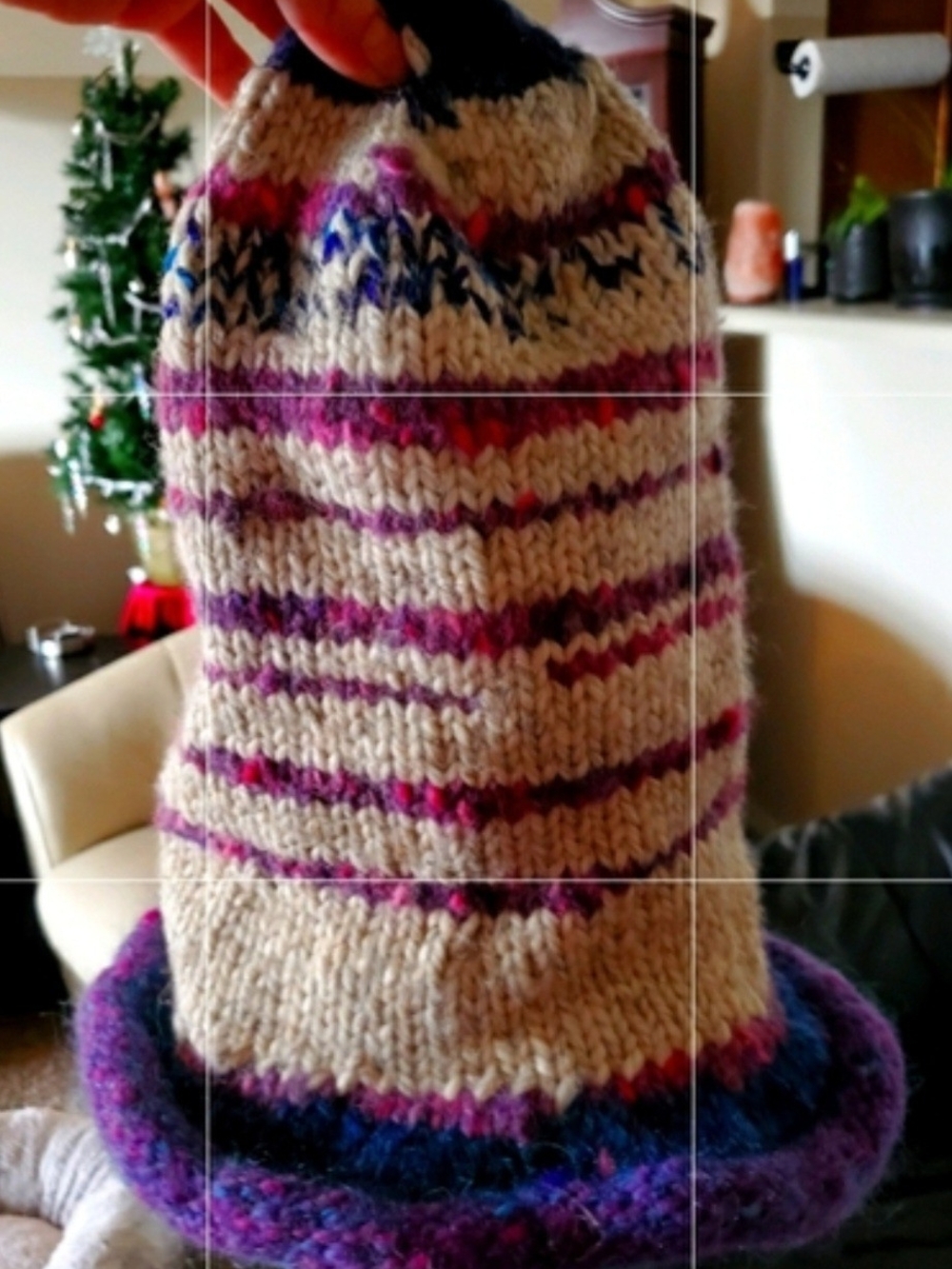 Hand-Knit Beige and Purple Striped Top-Hat Shape